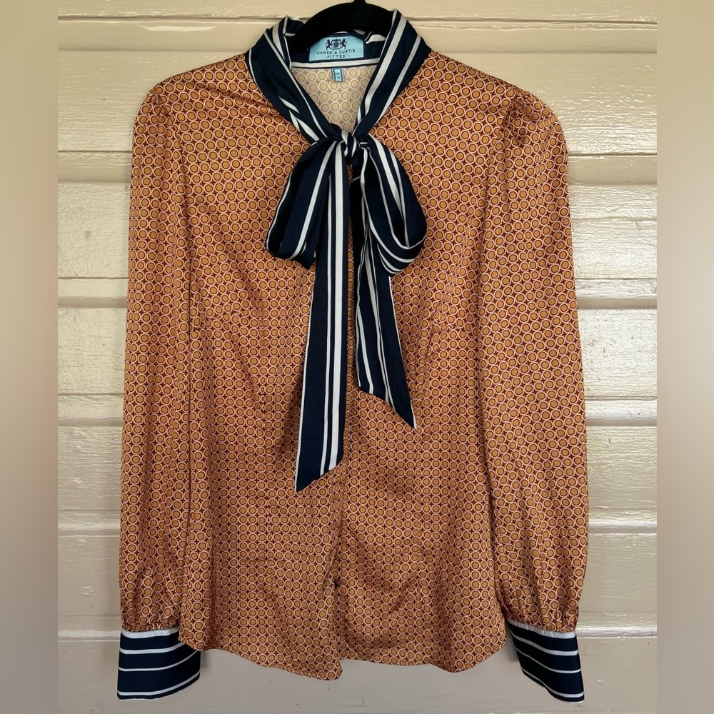 Brown Geometric Print Blouse with Black and White Striped Bow